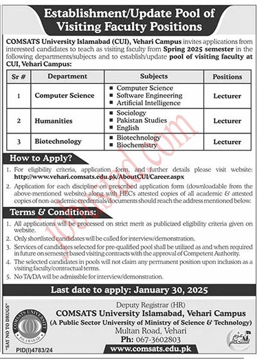 Latest Comasats University Islamabad Jobs in Vehari January 2025