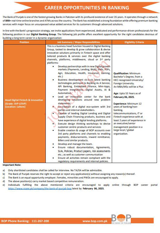 Latest Digital Banking Jobs in Lahore January 2025
