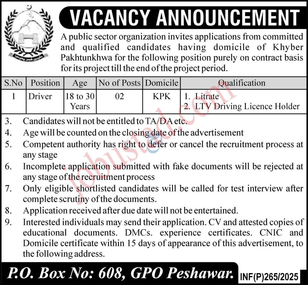 Latest Driver Jobs in Peshawar January 2025