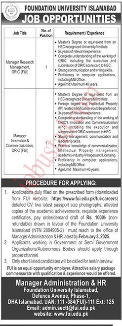 Latest Foundation University Jobs in Islamabad january 2025