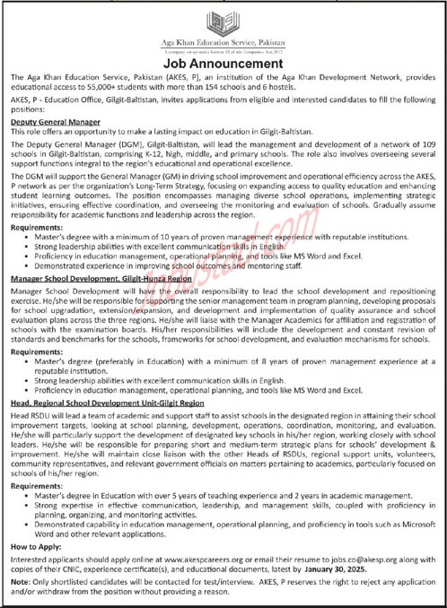 Latest Jobs In Agha Khan Education Services January 2025 Advertisement