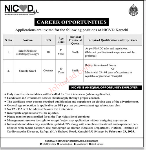 Latest NICVD Jobs In Karachi 2025  | National Institute of Cardiovascular Disease Jobs 2025