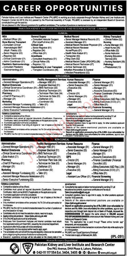 Latest Pakistan Kidney and Liver Institute Jobs in Lahore January 2025