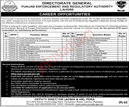 Latest Punjab Enforcement and Regulatory Authority Jobs in Lahore January 2025