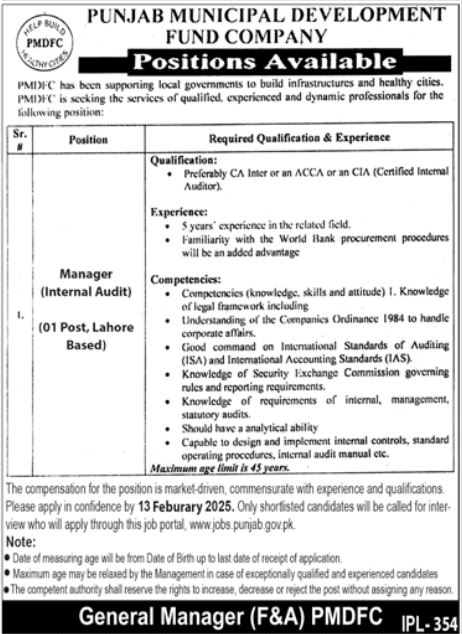 Latest Punjab Municipal Development Fund Company Jobs in Lahore January 2025