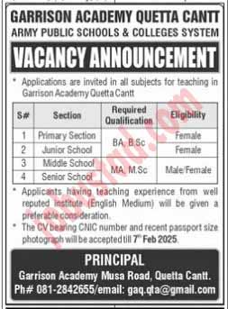 Latest Teaching Jobs In Quetta Cant February 2025 Advertisement