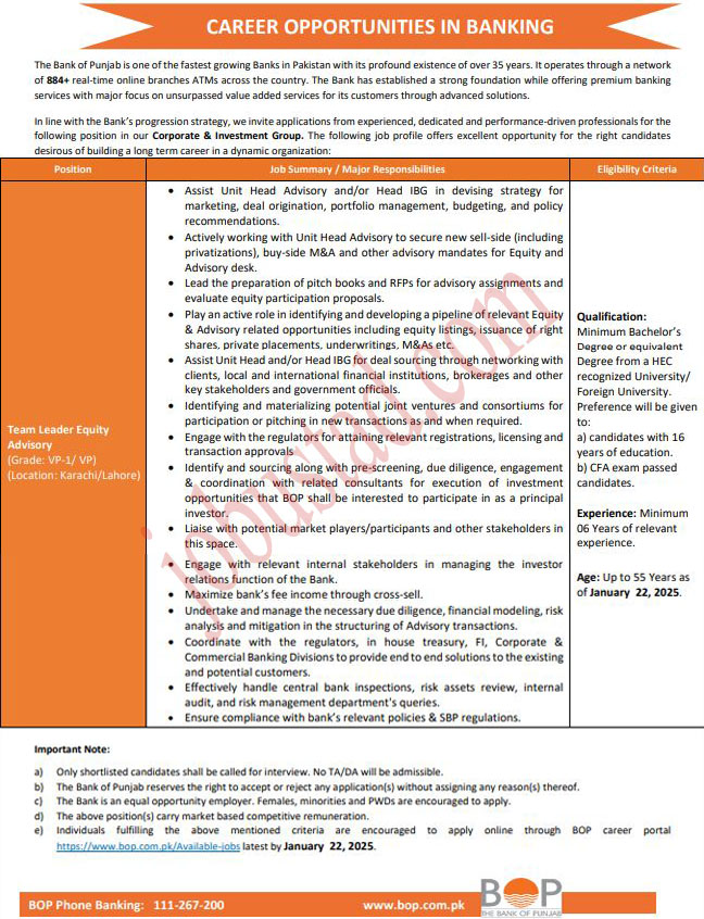 Latest Team Leader Bank of Punjab Jobs in Lahore January 2025
