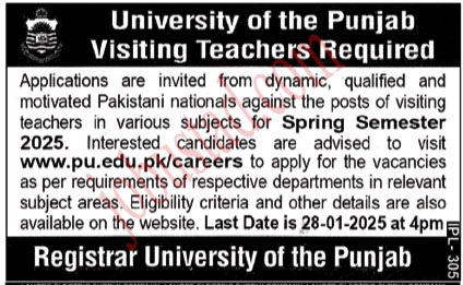 Latest Visiting Teachers Jobs in University of the Punjab January 2025