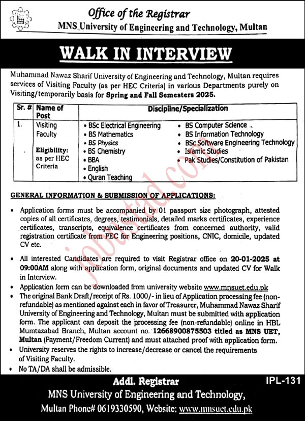 MNS University of Engineering and Technology Jobs in Multan January 2025