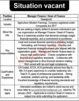 Manager Finance Jobs In Rawalpindi January 2025 Advertisement