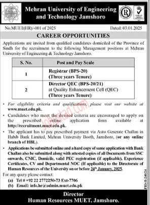Mehran University of Engineering & Technology Jobs In Jamshoro January 2025 Advertisement