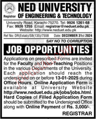 NED University of Engineering and Technology Jobs in Karachi January 2025