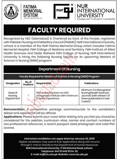 NUR International University Jobs in Lahore January 2025