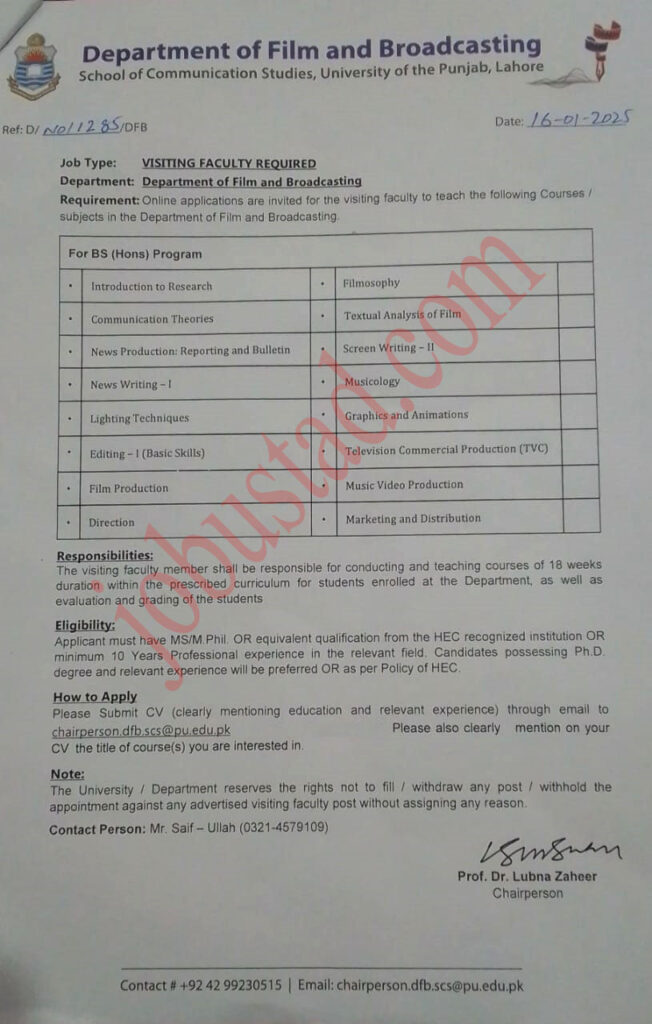 New Department of Film and Broadcasting Jobs in Lahore January 2025