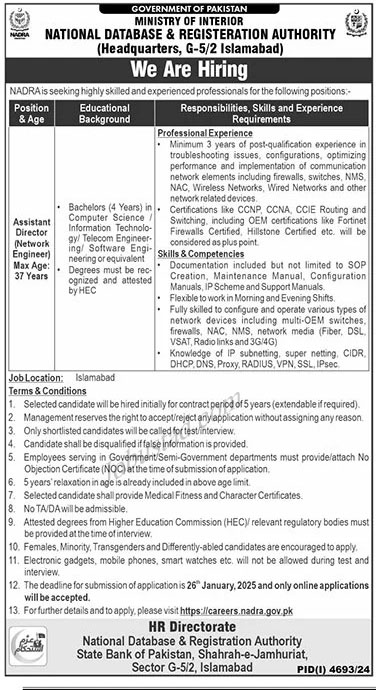 New NADRA Jobs In Islamabad January 2025 Advertisement