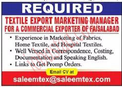 New Textile Export Marketing Manager Jobs in Faisalabad January 2025