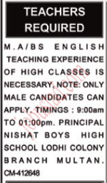 Nishat Boys High School Jobs in Multan January 2025