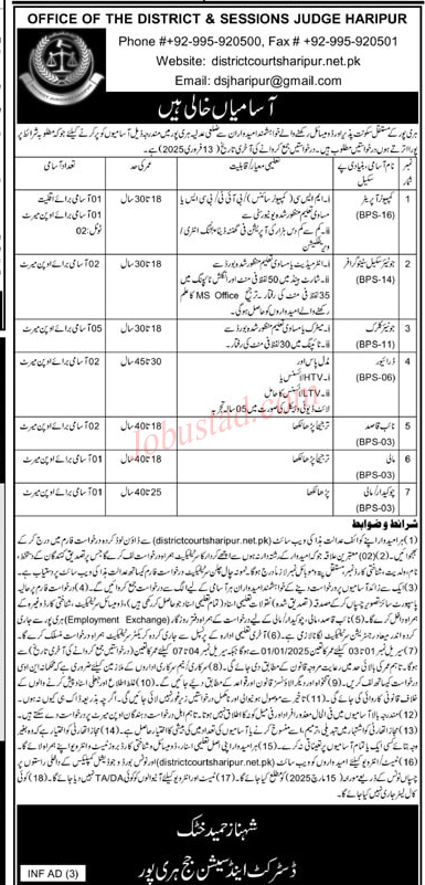 Office of The District & Session Judge Jobs In Haripur January 2025 Advertisement