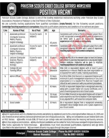Pakistan Scouts Cadet College Jobs in Mansehra January 2025