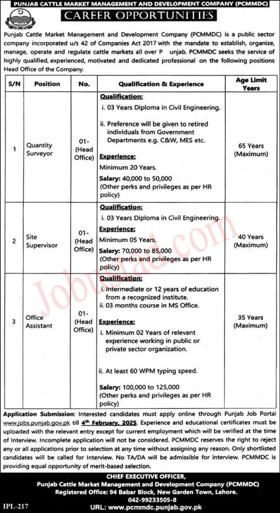 Punjab Cattle Market Management & Development Company Jobs in Lahore January 2025 
