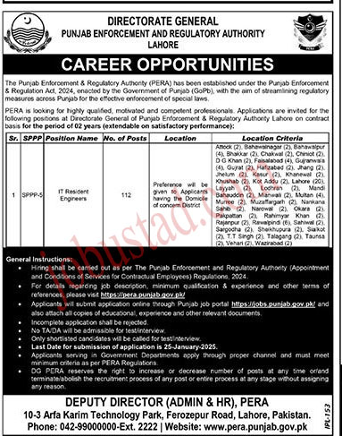 Punjab Enforcement and Regulatory Authority Jobs in Lahore January 2025