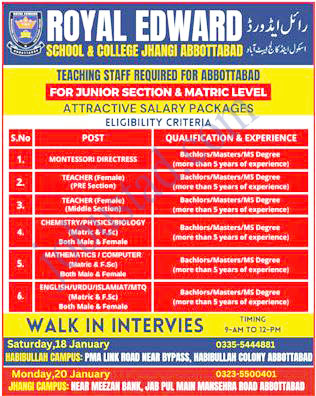 Royal Edward School and College Jobs in Abbottabad January 2025