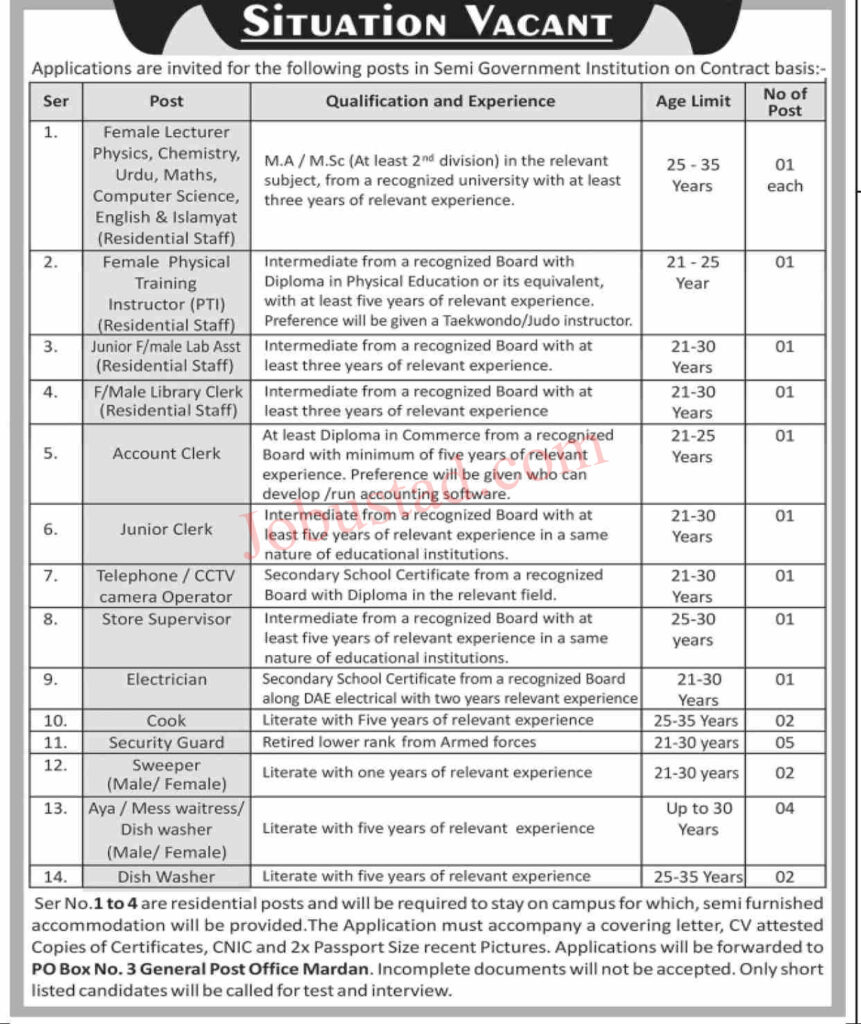Semi Government Institution Jobs In Mardan January 2025 Advertisement
