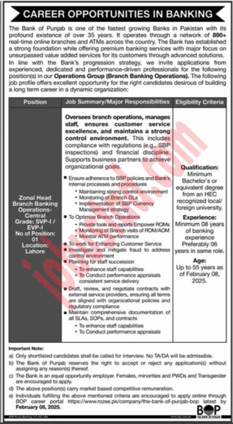 The Bank of Punjab Jobs in Lahore January 2025