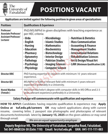 The University of Faisalabad Jobs in January 2025
