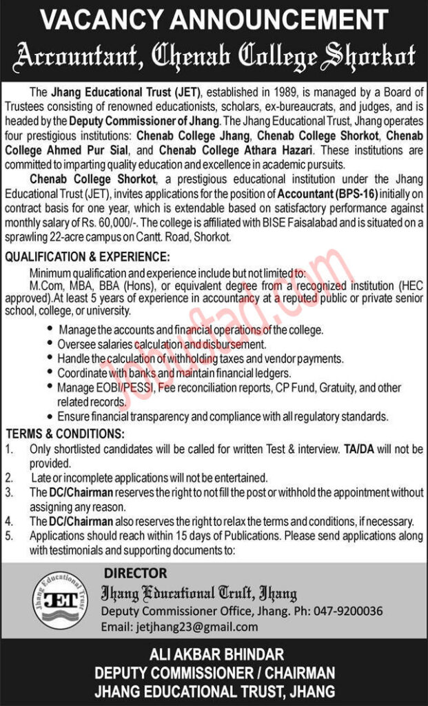 Today Chenab College Jobs in Shorkot January 2025