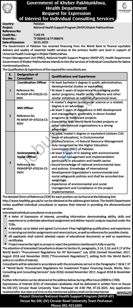 Today Health Department Jobs In KPK January 2025 Advertisement
