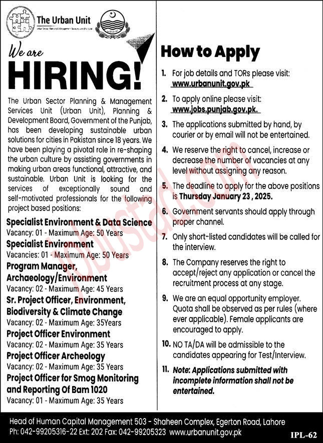 Today The Urban Unit Jobs in Lahore January 2025
