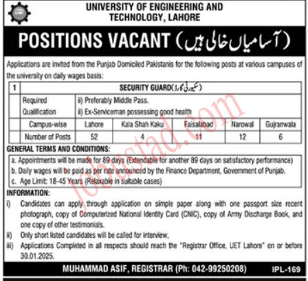 University of Engineering and Technology Jobs in Lahore January 2025