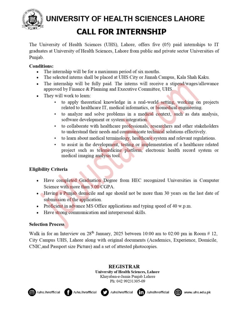 University of Health Sciences Internships Programme January 2025