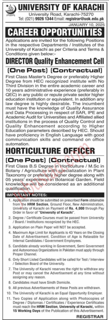 University of Karachi Jobs January 2025