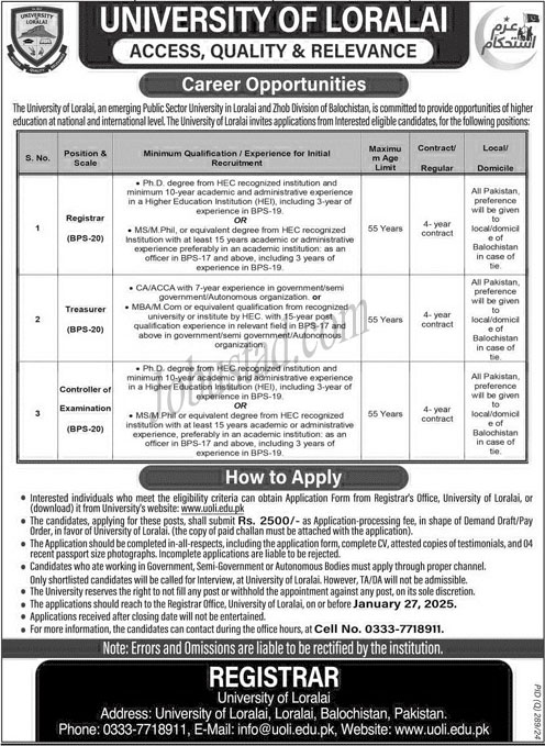 University of Loralai Jobs In Balochistan January 2025 Advertisement