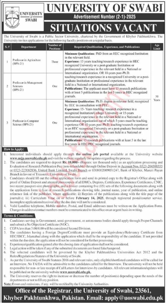 Latest University of Swabi Jobs January 2025
