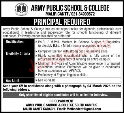 Army Public School and College APS&C Jobs in Karachi March 2025