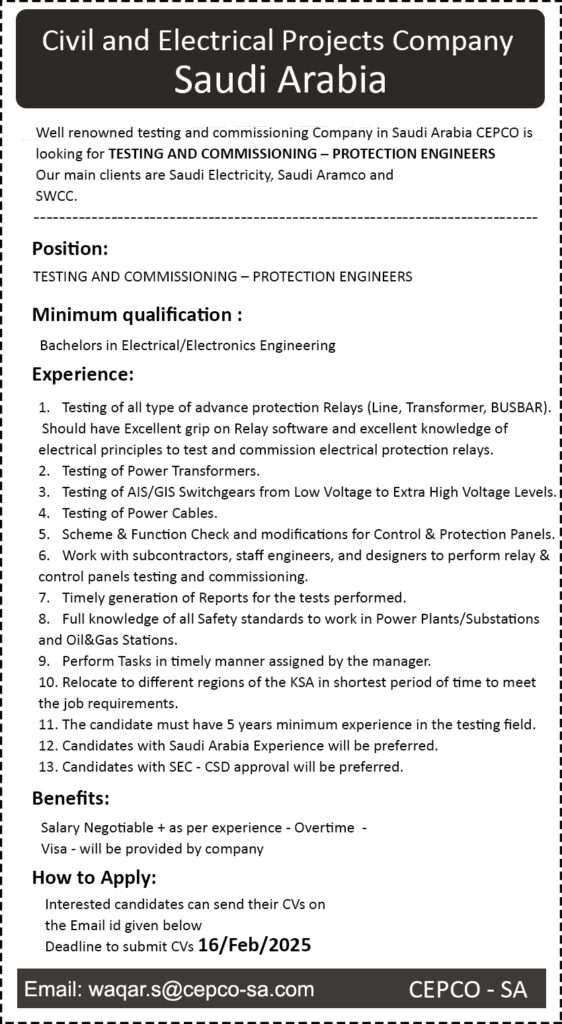 Sponsored Visa Engineering Jobs in Saudi Arabia Civil and Electrical Projects Company