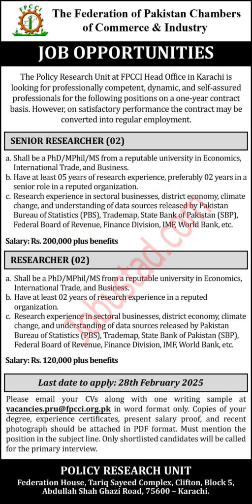 Federation of Pakistan Chambers of Commerce & Industry FPCCI Jobs in Karachi February 2025 