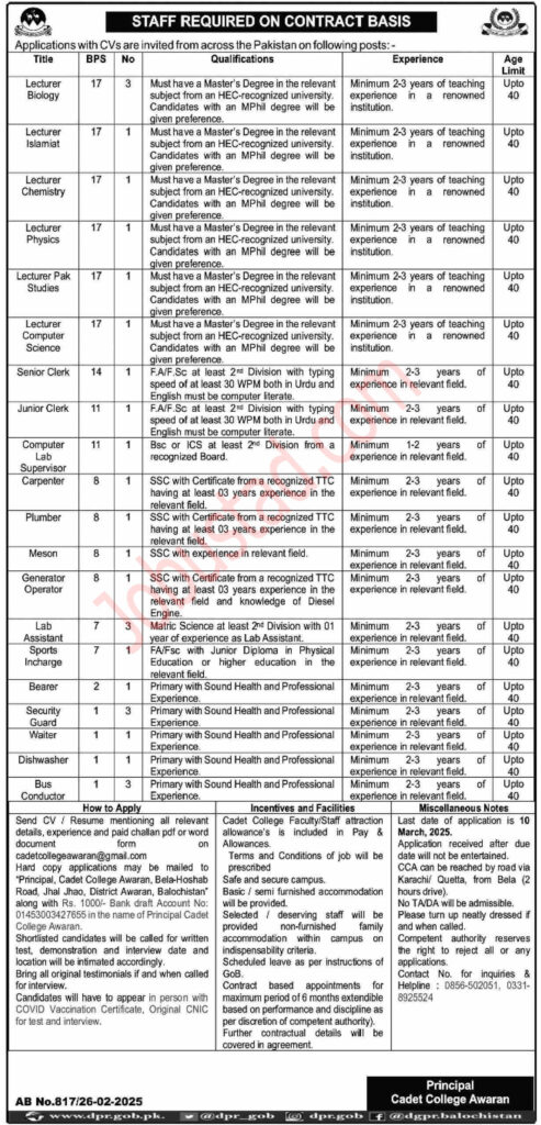 Latest Cadet College Jobs in Awaran March 2025