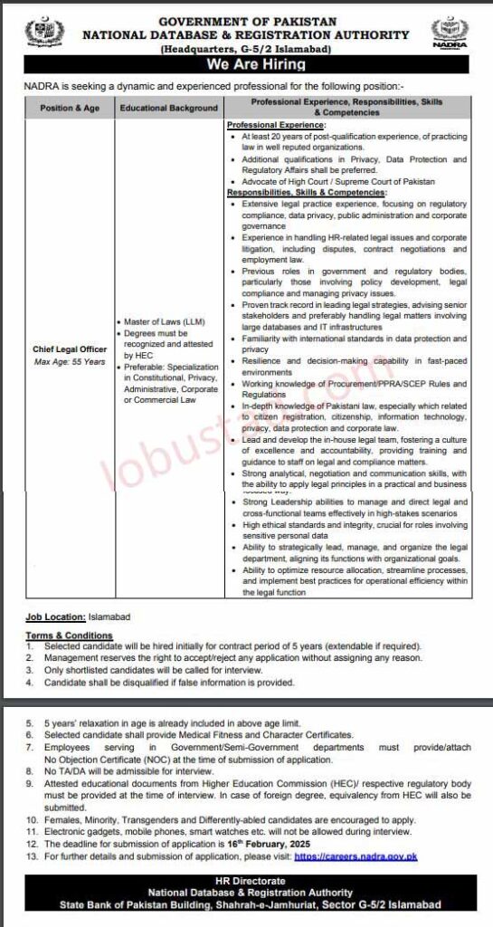 Latest Nadra Jobs in Islamabad February 2025 