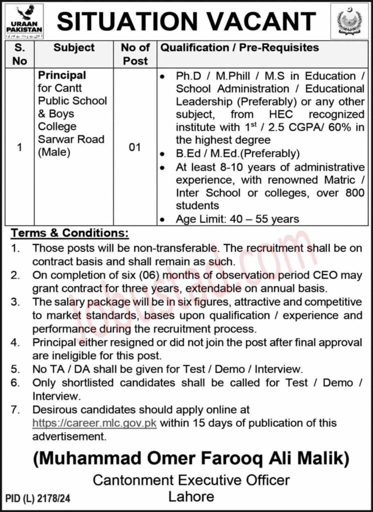 Latest Principal Jobs in Lahore February 2025 