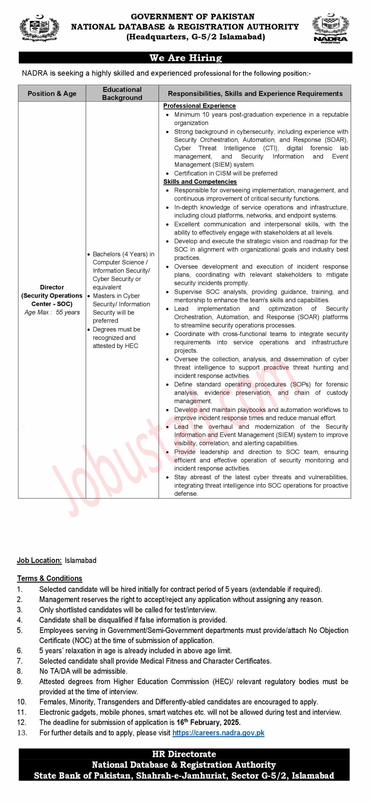 Nadra Jobs in Islamabad February 2025