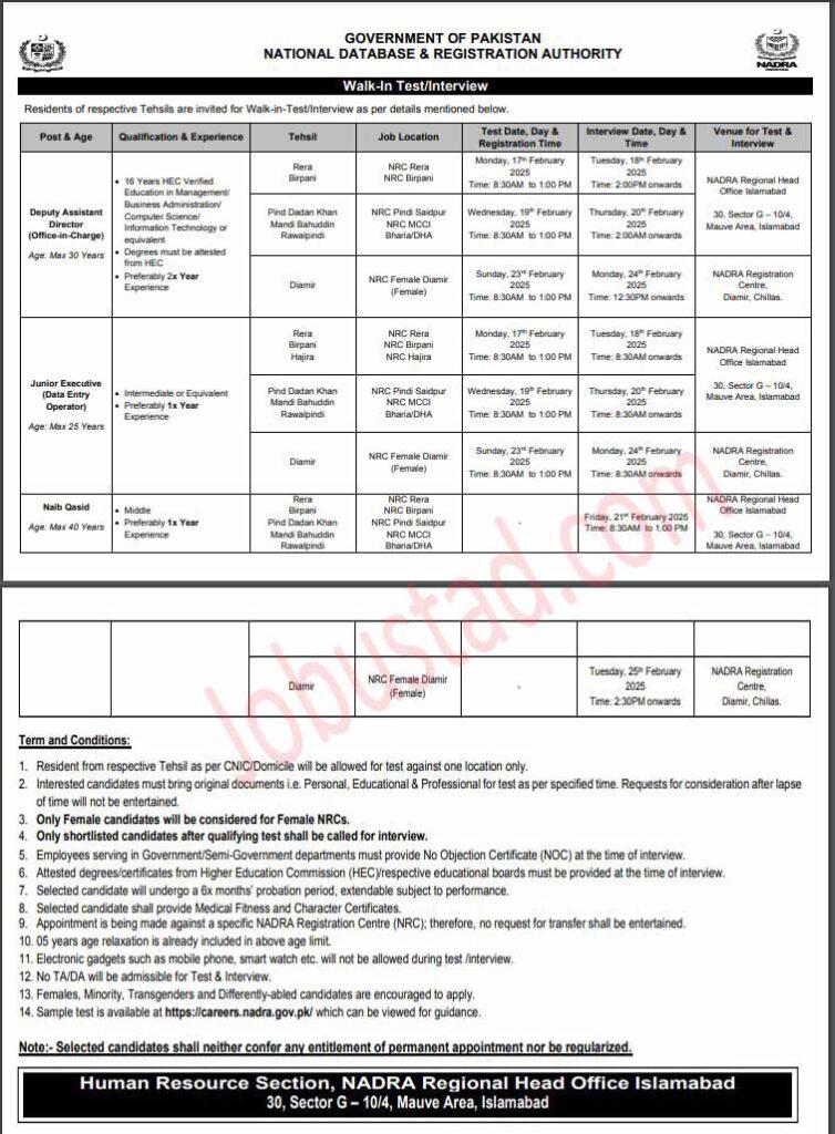 Latest Nadra Jobs in Islamabad Region February 2025