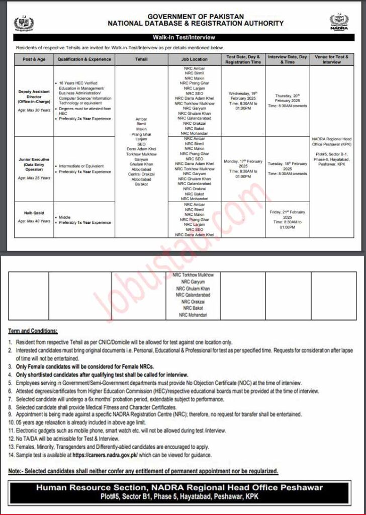 Nadra Jobs in Peshawar Region February 2025