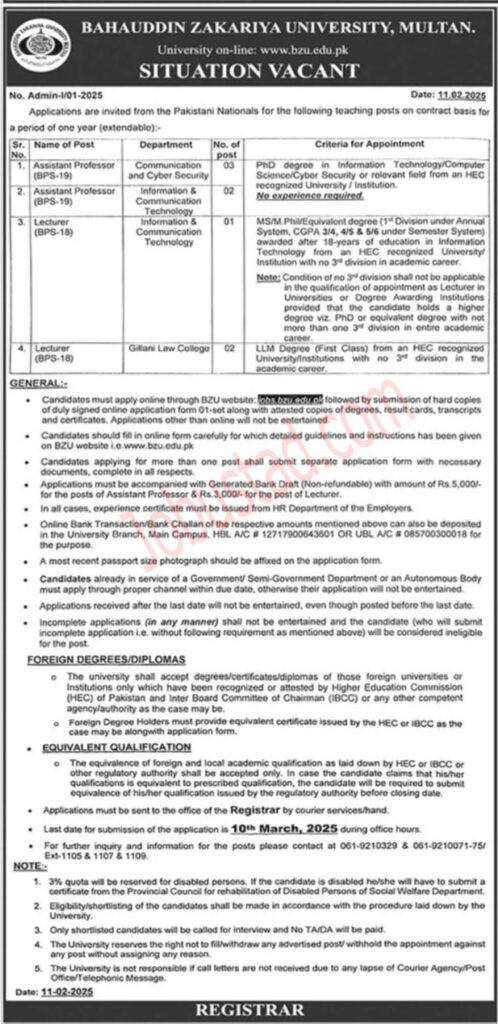 New BZU Jobs in Multan February 2025
