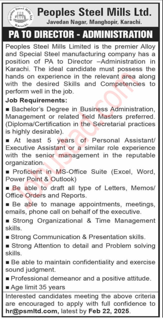 Peoples Steel Mills Jobs in Karachi February 2025