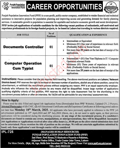 Punjab Polulation Innovation Fund PPIF Jobs in Lahore March 2025