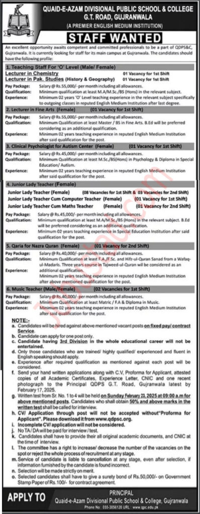 Quaid e Azam Divisional Public School & College Jobs in Gujranwala February 2025